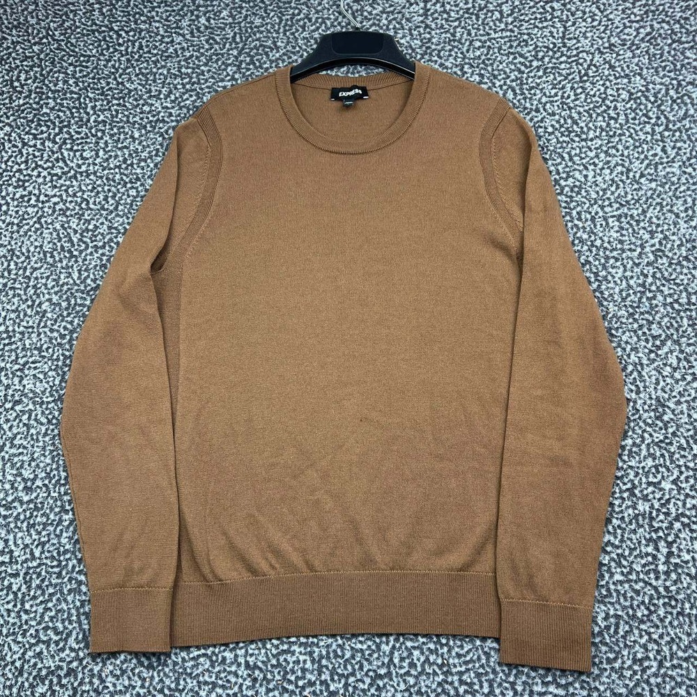 Express Sweater Men Large Brown Merino Wool Crewneck Solid Long Sleeve L